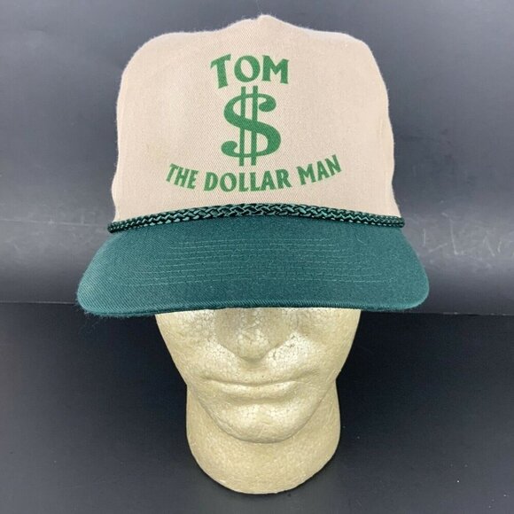 Vintage 80s Tom The Dollar Man Snapback Hat Cap Rope Accent Beige Green - Picture 1 of 7